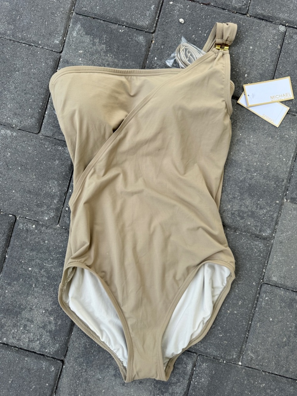 Michael Kors Khaki One-Shoulder Maillot with Gold Accent